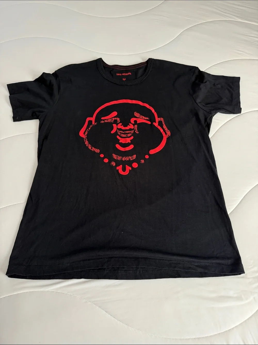 True Religion Black Short Sleeve Tee with Red Buddha Motif